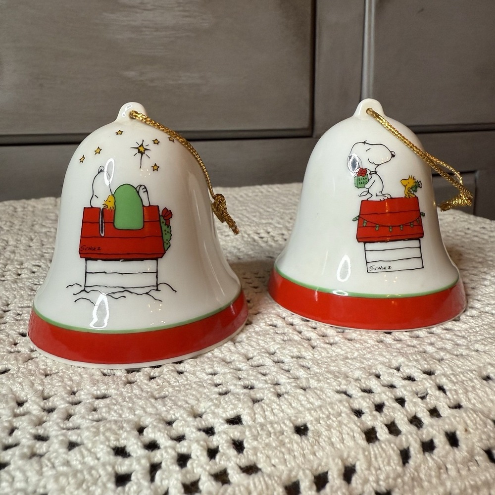 2 Vintage 1960s Peanuts Snoopy Woodstock Ceramic Bell Christmas Ornament Japan